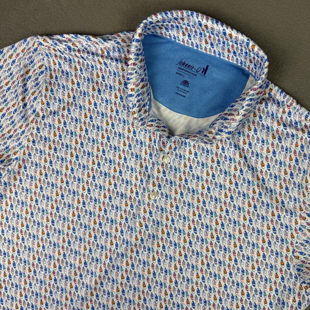Johnnie O Polo Shirt Mens Small Blue Shoe Print Performance‎ Golf Stretch Casual